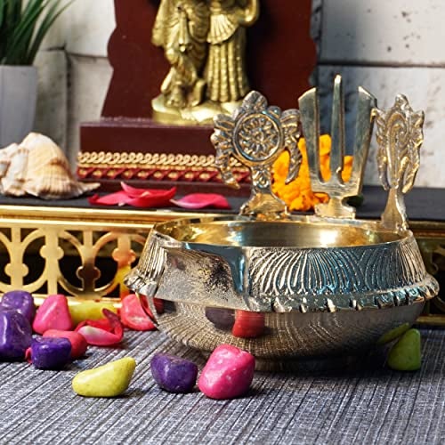 Bhimonee Decor Pure Brass Shanku Chakra Namah Kuber Deep, Deepak, Diya for Pooja Purposes, 4 Inches, 330 gm - Image 2