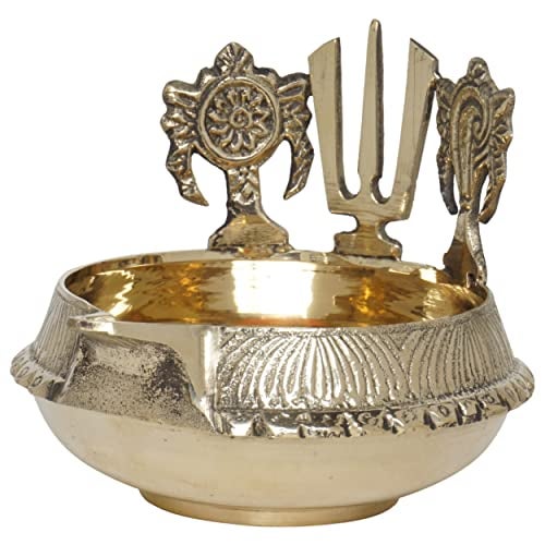 Bhimonee Decor Pure Brass Shanku Chakra Namah Kuber Deep, Deepak, Diya for Pooja Purposes, 4 Inches, 330 gm - Image 1