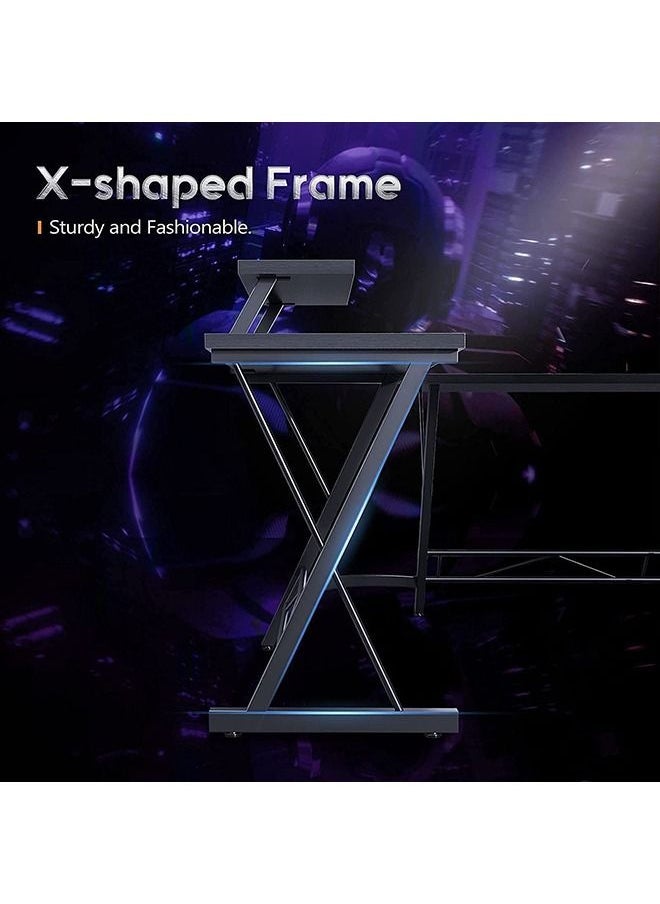 L-Shaped Computer Corner Table, Easy to Assemble Family Game Table, Office Desk with Large Monitor Stand, Space-Saving, Suitable for Home/Office/Hotel (Black)