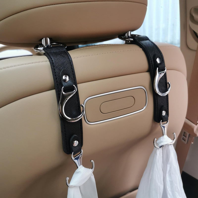 yicheyiyou Headrest Hooks for Car Back Seat Organizer Black Faux Leather Hanger Holder Hook, for Hanging Purses and Bags and Coats Grocery Bag Umbrellas Handbag Car Accessories Interior Men for Women - Image 1