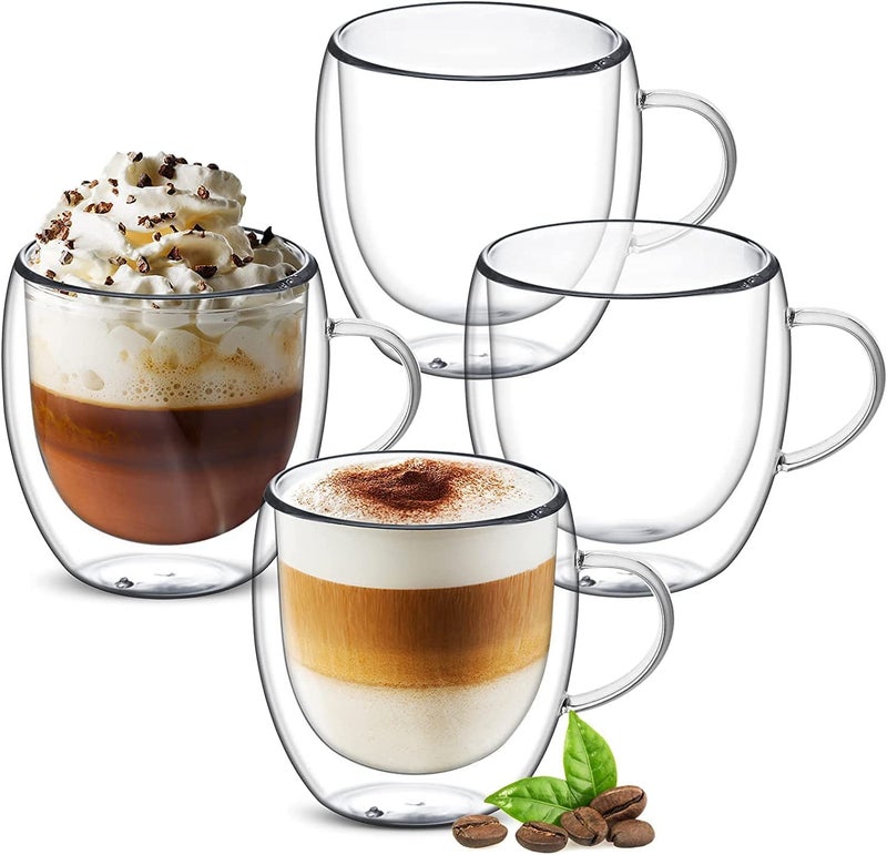 Ulrikco 8 oz Double Walled Glass Coffee Mugs, Clear Glass Mug Set of 4, Insulated Borosilicate Glass Coffee Cups with Handle, Espresso Mugs for Cappuccino, Latte, Tea, Hot/Cold Drink - Image 1
