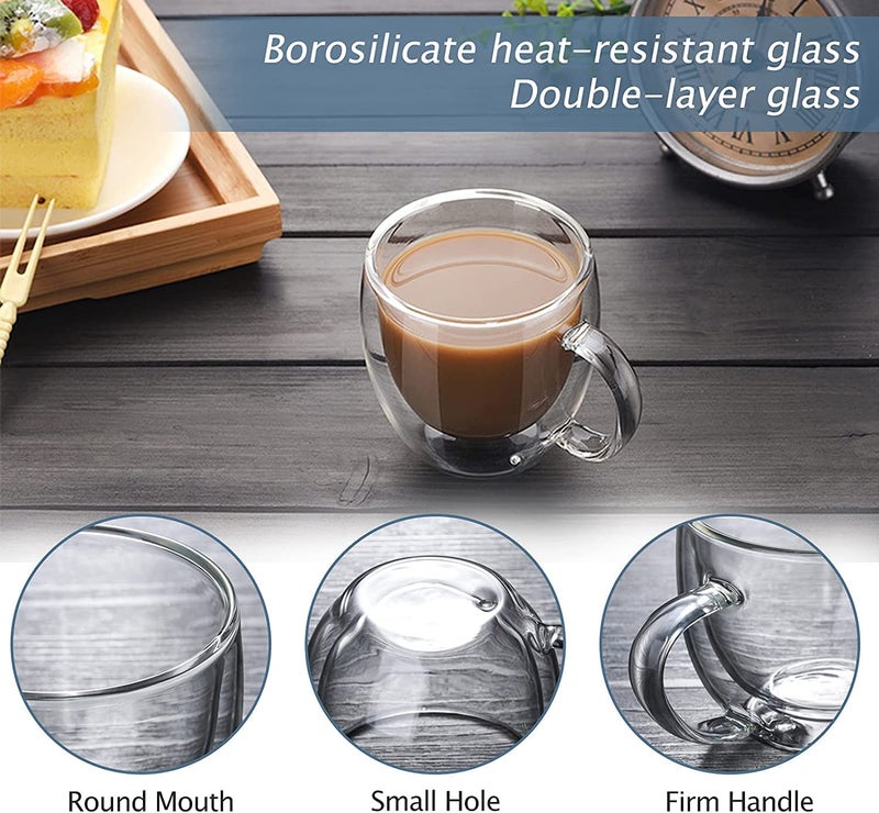 Ulrikco 8 oz Double Walled Glass Coffee Mugs, Clear Glass Mug Set of 4, Insulated Borosilicate Glass Coffee Cups with Handle, Espresso Mugs for Cappuccino, Latte, Tea, Hot/Cold Drink - Image 3