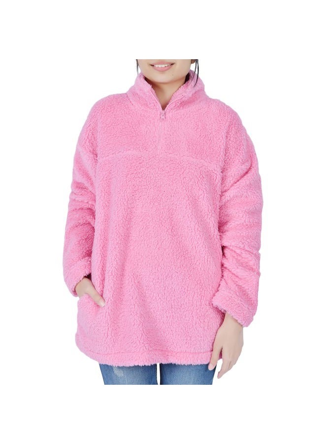 Sleepdown Quarter Zip Pullover Sweatshirts for Women, Long Sleeve Lined Fuzzy Sherpa Fleece Half Zip UP Pullover Womens Oversized Sweatshirt Fluffy Top Coat with Pockets - Hot Pink, Small - Image 1