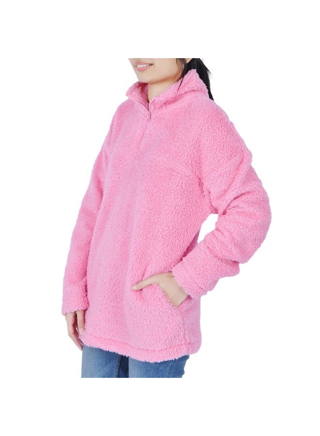 Sleepdown Quarter Zip Pullover Sweatshirts for Women, Long Sleeve Lined Fuzzy Sherpa Fleece Half Zip UP Pullover Womens Oversized Sweatshirt Fluffy Top Coat with Pockets - Hot Pink, Small - Image 5