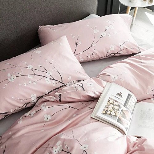 Eikei Japanese Oriental Style Cherry Red Blossom Floral Branches Print Duvet Quilt Cover 300tc Cotton Bedding 3 Piece Set (Rose Dust, King) - Image 1