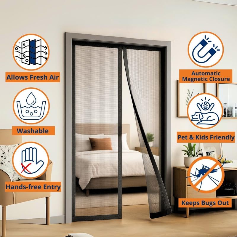 Royalkart 110x210cm Black | Magnetic Mosquito Net for Door | Fiberglass Screen Curtain with 34 Magnets | Auto-Closing Mesh to Keep Mosquitoes Out - Image 5