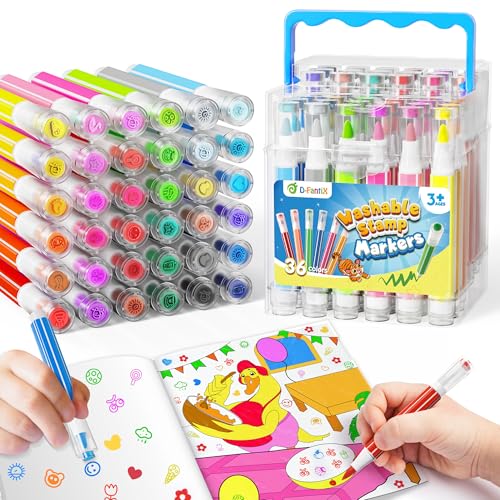 D-FantiX 36 Colors Washable Markers for Kids, Stamp Markers Coloring Set with Coloring Books and Stand Portable Box, Back to School Supplies for Girls Boys, Kids Road Trip Activities - Image 1