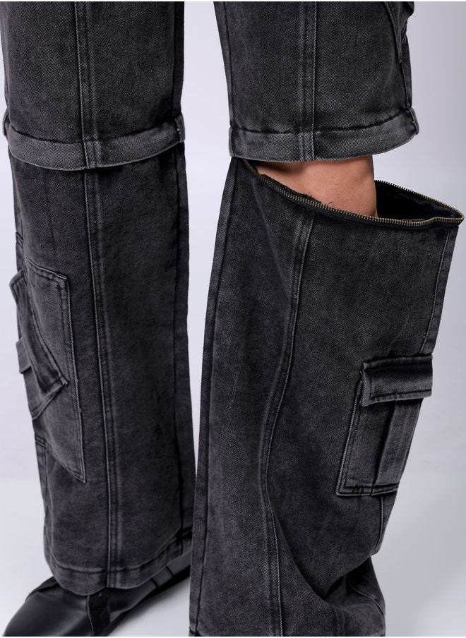 The Indian Garage Co - Men Baggy Solid Mid-Rise Convertible Cargo Denim - Image 1