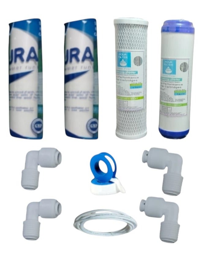 أكوا طقم شمعات فلتر المياه مكون من 3 مراحل + مرحلة  اضافيه وخرطوم بطول 5أمتار وجميع قطع الغيار البديلة الممكنة - Image 1