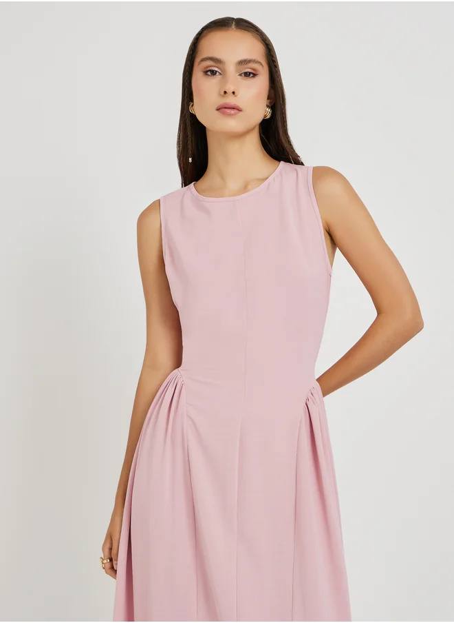 تايك تو Take Two Solid Sleeveless Round Neck Pleated A-Line Maxi Dress
