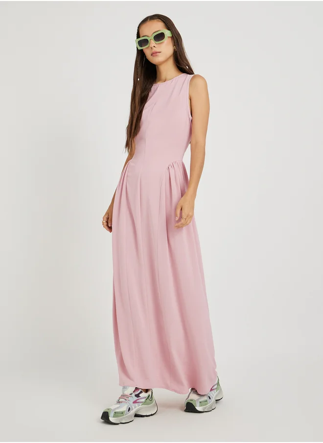 تايك تو Take Two Solid Sleeveless Round Neck Pleated A-Line Maxi Dress