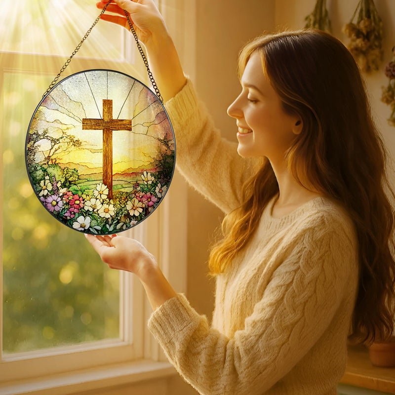 LAOWEIKI 8 Inch Stained Glass Cross and Wildflowers Suncatcher Christian Stained Glass Windows Hanging Flower Cross Gift for Religious Easter Faith Christian Gifts Religious Home Decor - Image 2
