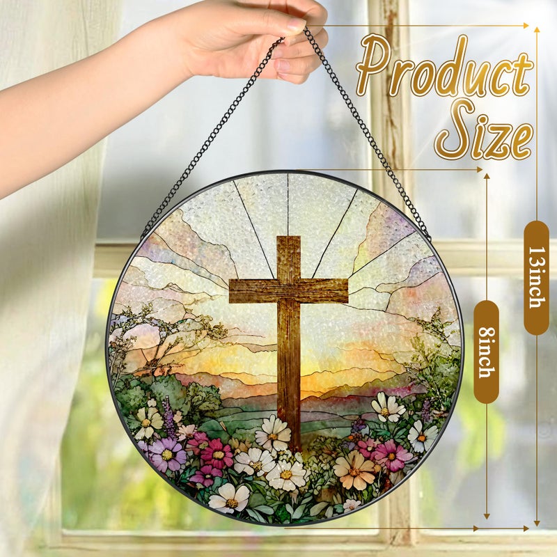 LAOWEIKI 8 Inch Stained Glass Cross and Wildflowers Suncatcher Christian Stained Glass Windows Hanging Flower Cross Gift for Religious Easter Faith Christian Gifts Religious Home Decor - Image 4