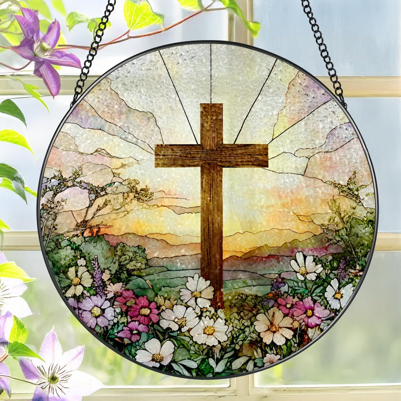 LAOWEIKI 8 Inch Stained Glass Cross and Wildflowers Suncatcher Christian Stained Glass Windows Hanging Flower Cross Gift for Religious Easter Faith Christian Gifts Religious Home Decor - Image 1