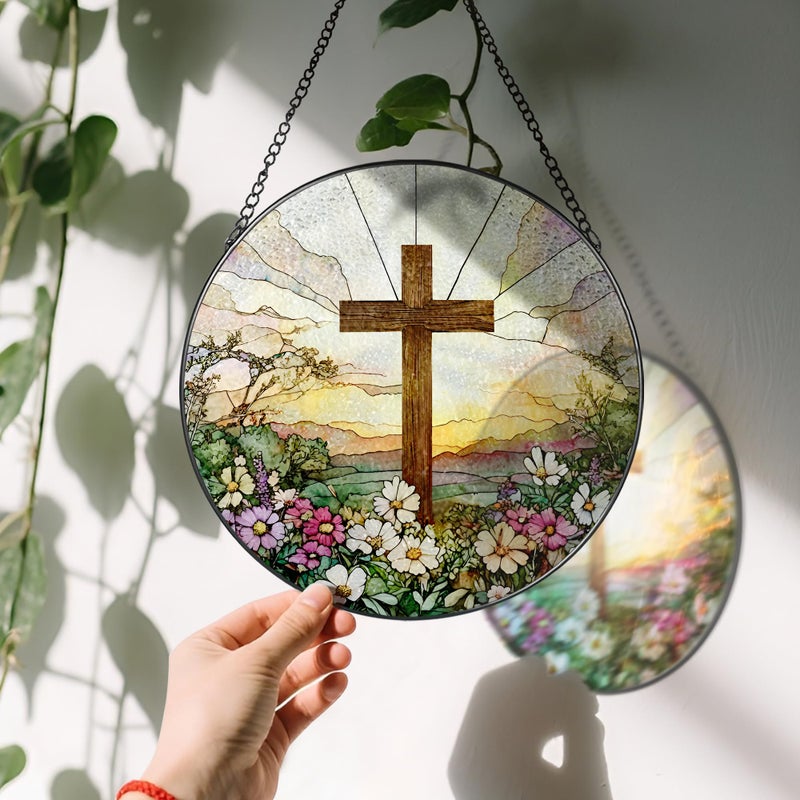 LAOWEIKI 8 Inch Stained Glass Cross and Wildflowers Suncatcher Christian Stained Glass Windows Hanging Flower Cross Gift for Religious Easter Faith Christian Gifts Religious Home Decor - Image 3