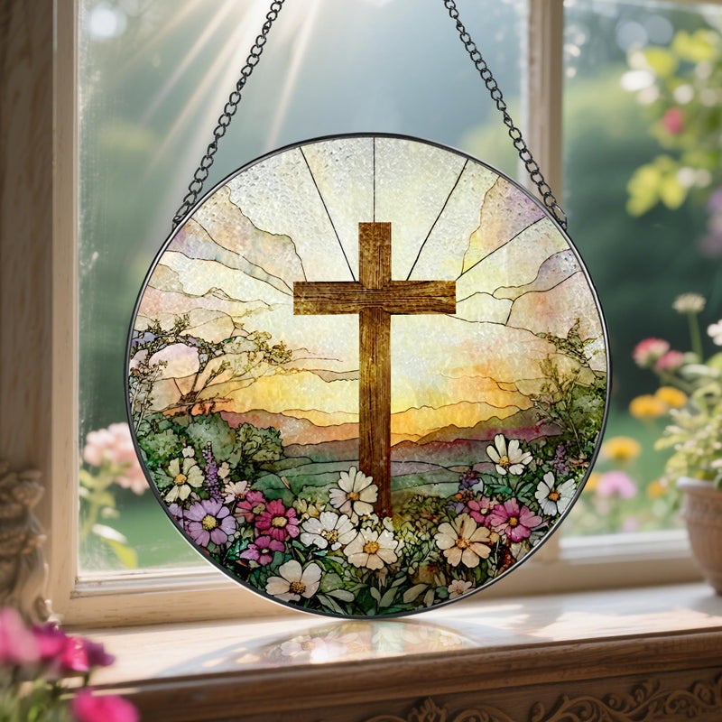 LAOWEIKI 8 Inch Stained Glass Cross and Wildflowers Suncatcher Christian Stained Glass Windows Hanging Flower Cross Gift for Religious Easter Faith Christian Gifts Religious Home Decor - Image 5
