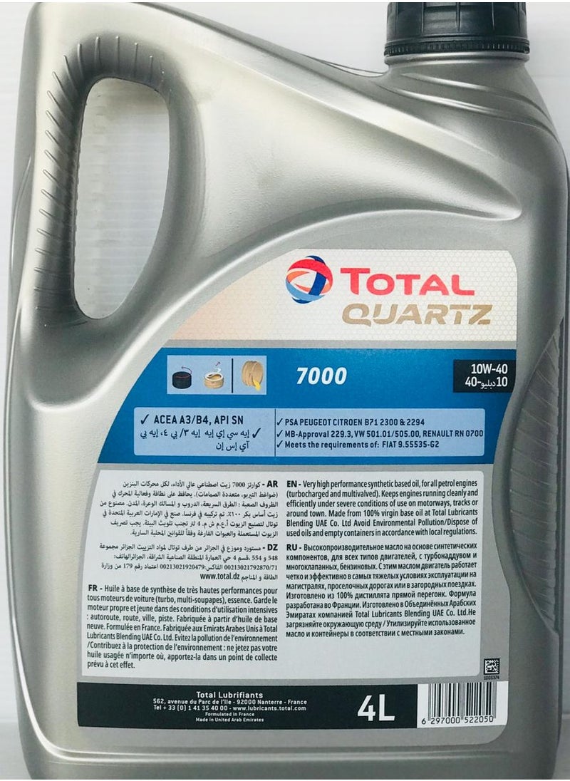 TOTAL - TOTAL QUARTZ 7000 10W-40 SYNTHETIC ENGINE OIL 4LTR - Image 1