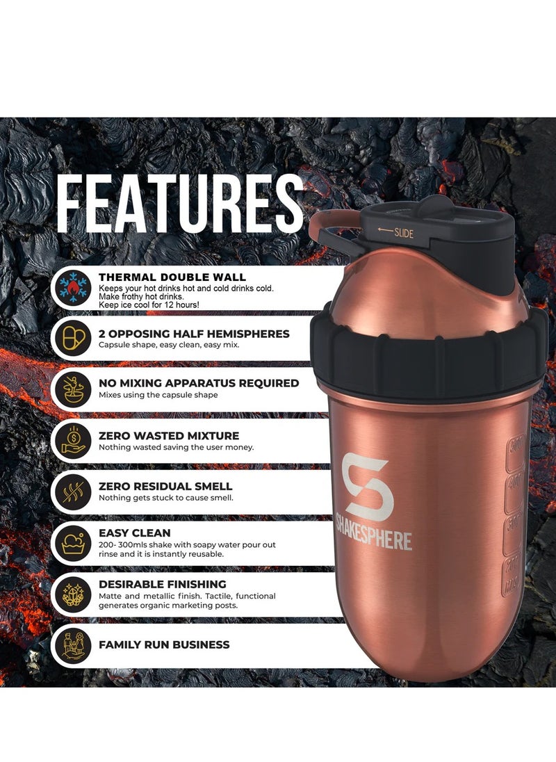 SHAKESPHERE - Protein Shaker Bottle 700ml - ShakeSphere Tumbler Double Wall Steel Copper - Image 1