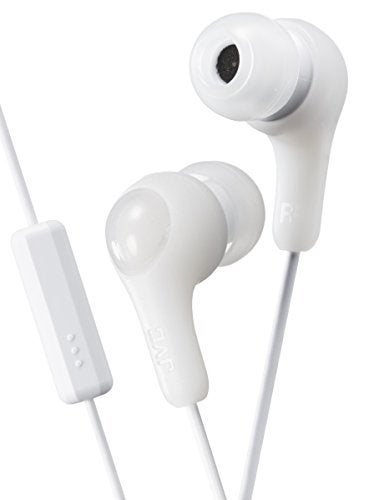 JVC WHITE GUMY In ear earbuds with stay fit ear tips and MIC. Wired 3.3ft colored cord cable with headphone jack. Small, medium, and large ear tip earpieces included. JVC GUMY HAFX7MW - Image 1