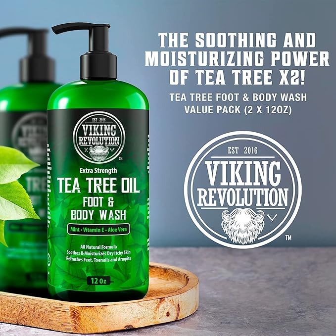 Viking Revolution صابون غسول الجسم بزيت شجرة الشاي من فايكنغ ريفولوشن للرجال - يساعد في علاج قدم الرياضي، أظافر القدم، حكة الفخذ، الإكزيما، السعفة ورائحة الجسم - غسول جسم للرجال بقوة إضافية (عبوتان) - Image 2