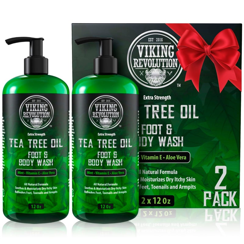 Viking Revolution صابون غسول الجسم بزيت شجرة الشاي من فايكنغ ريفولوشن للرجال - يساعد في علاج قدم الرياضي، أظافر القدم، حكة الفخذ، الإكزيما، السعفة ورائحة الجسم - غسول جسم للرجال بقوة إضافية (عبوتان) - Image 1