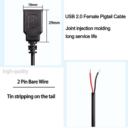 XMSJSIY USB 2.0 Female Pigtail Cable Extension Power Cable 22AWG 5V 3A USB A Socket to 2 Pin Bare Wire Open End Connector for DIY-2 Pcs (0.3M) PLS Test The Neg and Pos Before use - Image 2