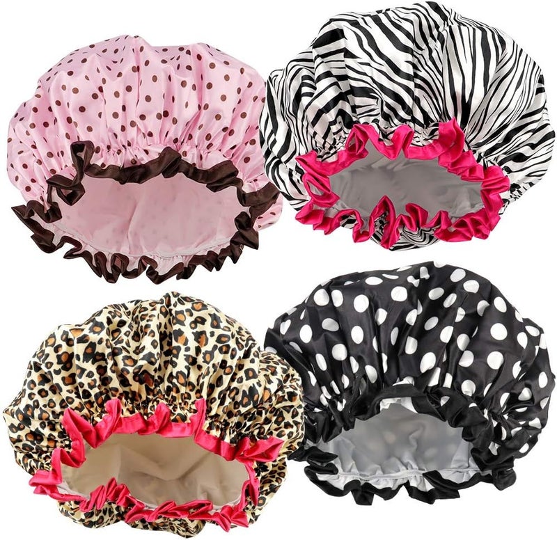 TCOTBE 4 Pieces Shower Cap for Women, Elastic and Reusable, Environmental Protection Hair Bath Caps, Double Waterproof Layers Bathing Hat - Image 1