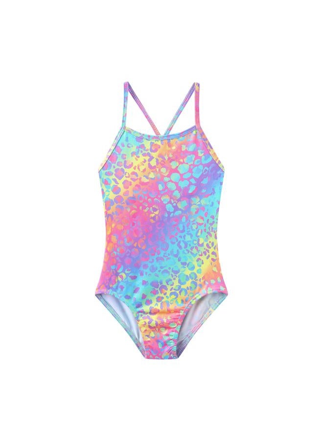 iLover Girls Sparkle One Piece Swimsuits Crossback Swimwear Beach Bathing Suit with Adjustable Strap 4-10 Years, Leopard-purple, 9-10 Years - Image 1