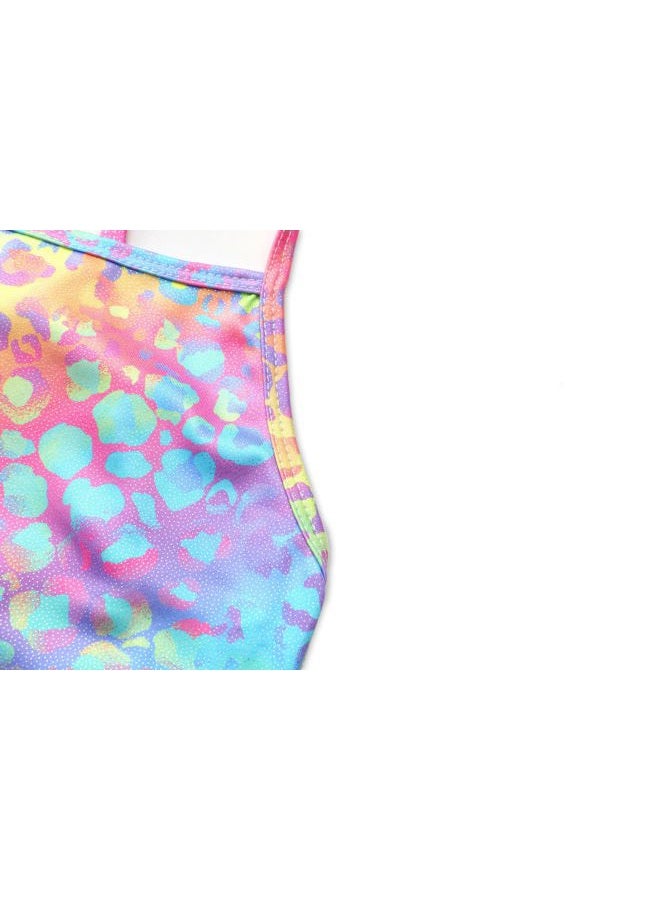 iLover Girls Sparkle One Piece Swimsuits Crossback Swimwear Beach Bathing Suit with Adjustable Strap 4-10 Years, Leopard-purple, 9-10 Years - Image 4