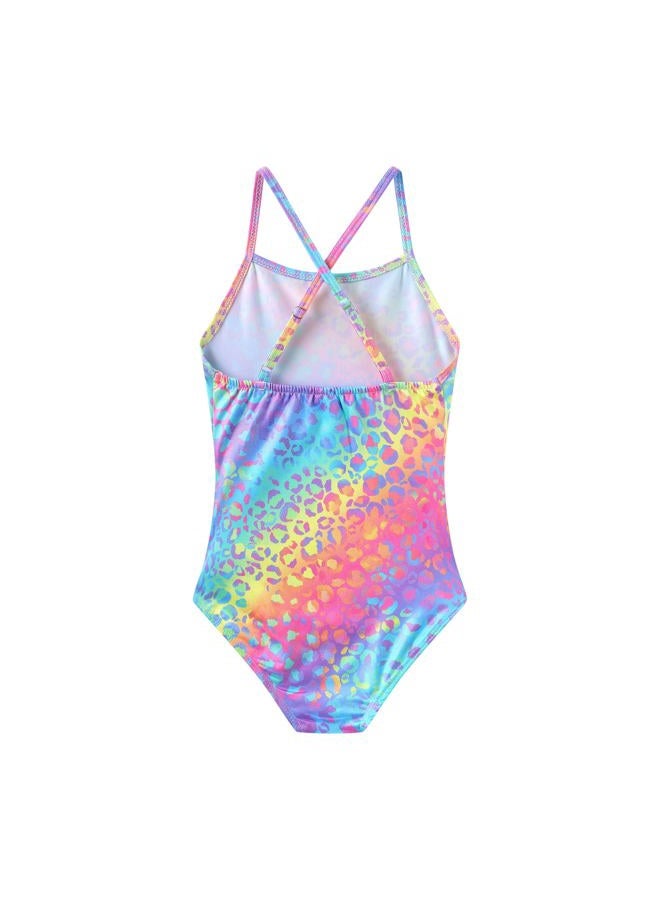 iLover Girls Sparkle One Piece Swimsuits Crossback Swimwear Beach Bathing Suit with Adjustable Strap 4-10 Years, Leopard-purple, 9-10 Years - Image 2