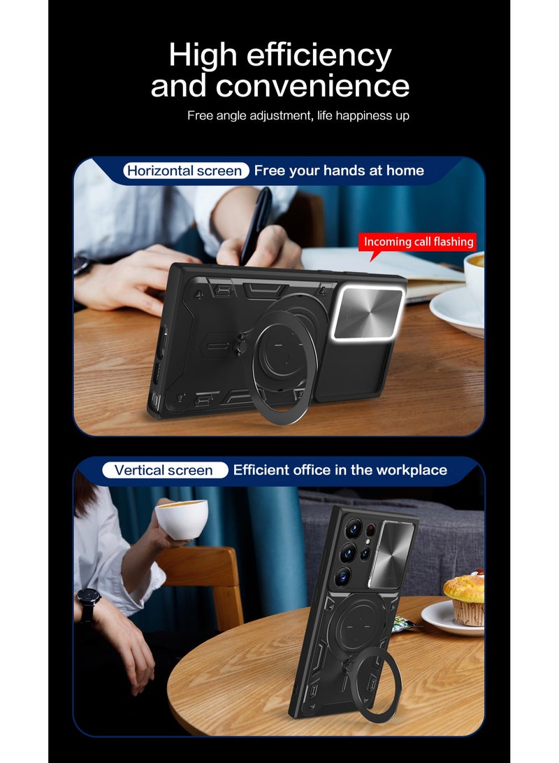 Mobile Phone Case Cover for Samsung Galaxy S23 Ultra, Slide Camera Lens Cover, 360°Rotating Kickstand Ring, Bumper Shockproof Phone Case，Compatible with Car Magnetic Mount