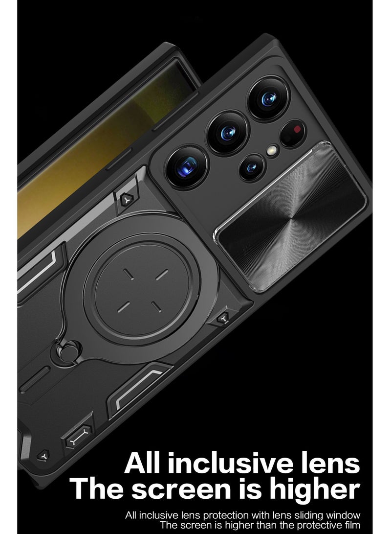 Mobile Phone Case Cover for Samsung Galaxy S23 Ultra, Slide Camera Lens Cover, 360°Rotating Kickstand Ring, Bumper Shockproof Phone Case，Compatible with Car Magnetic Mount
