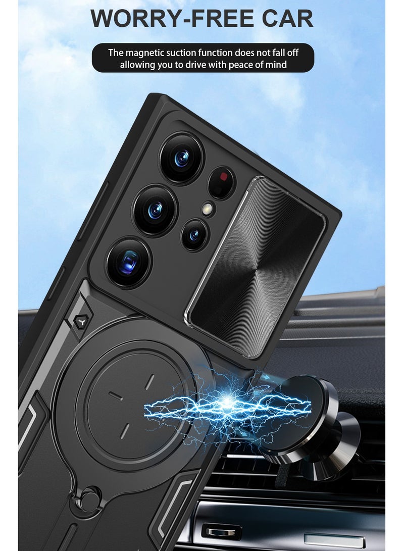Mobile Phone Case Cover for Samsung Galaxy S23 Ultra, Slide Camera Lens Cover, 360°Rotating Kickstand Ring, Bumper Shockproof Phone Case，Compatible with Car Magnetic Mount