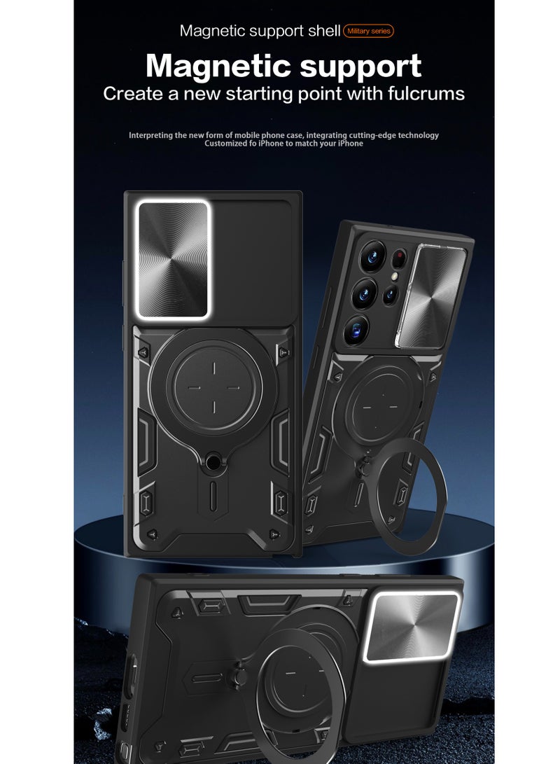 Mobile Phone Case Cover for Samsung Galaxy S23 Ultra, Slide Camera Lens Cover, 360°Rotating Kickstand Ring, Bumper Shockproof Phone Case，Compatible with Car Magnetic Mount
