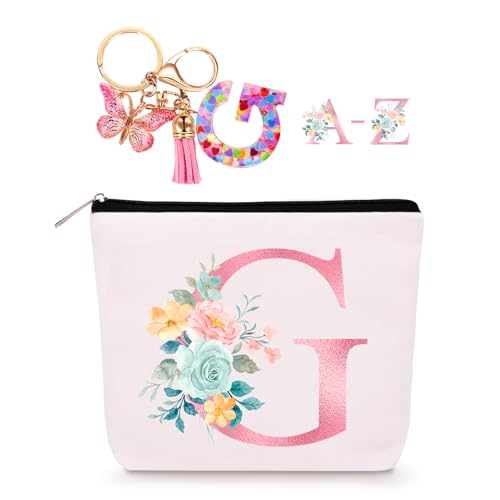 Lingdeer Personalized Makeup Bag with Initial Keychain, Custom Initial Monogram Small Travel Cosmetic Toiletry Bag, Birthday Gifts for Women Bridesmaid Teacher (G) - Image 1