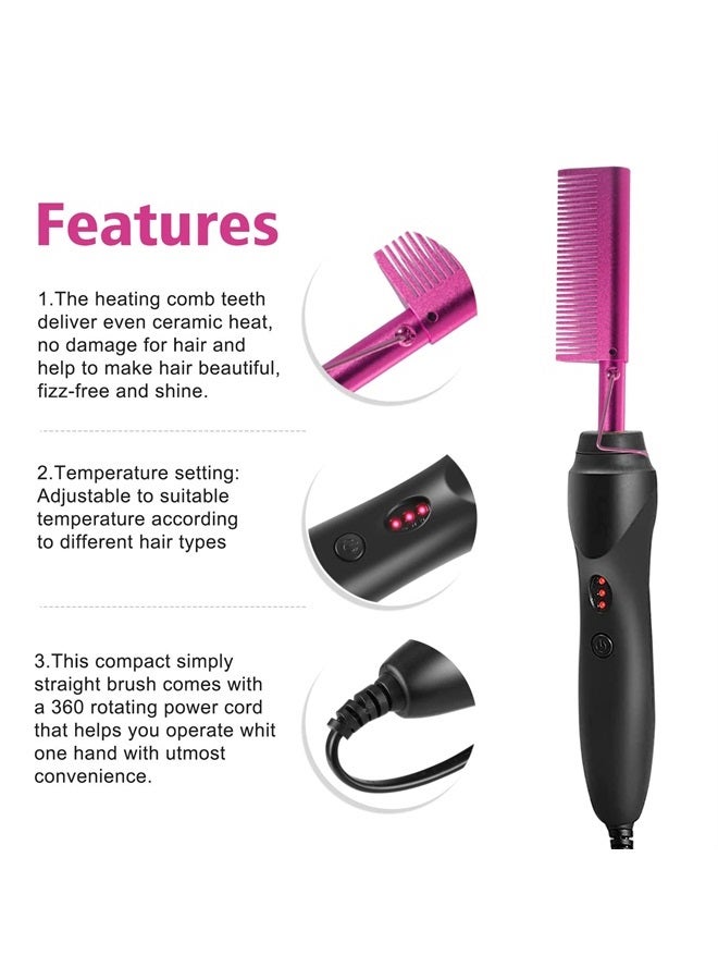 Goiple Electric Hot Comb Pink Hair Straightener Electrical Straightening Comb Curling Iron for Natural Black Hair Wigs with Wide Tooth Comb, Rat Tail Comb, Wax Stick