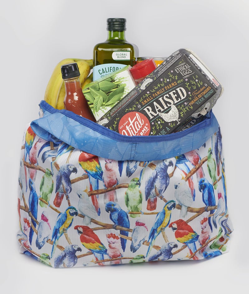 O-WITZ Reusable Grocery Bags | Vibrant Tote Bag For Groceries  Gym  Office  Beach  Toys & More | Washable Design With Large Handles For Maximum Convenience | Folds Into A Small Pouch  3-pack  Parrots - Image 1