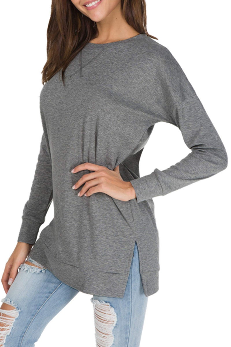 levaca Womens O Neck Plain Side Split Loose Casual Baggy Pullover Dark Gray M - Image 3