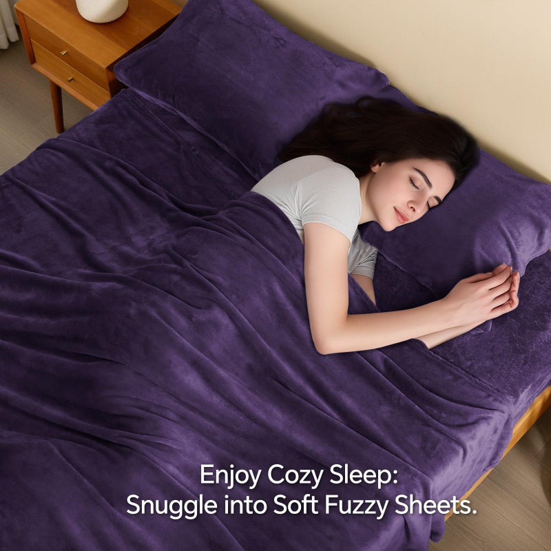 BEDELITE Flannel Sheets Queen Size Purple - Super Soft Fleece Sheets Set Fluffy Extra Plush  4 Piece(Include Fitted Sheet  Flat Sheet  2 Pillowcases) - Image 3