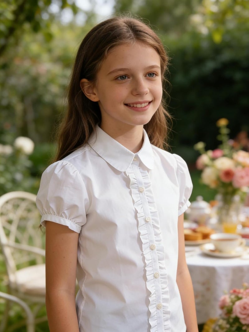 Bienzoe Girls Shirt Short Sleeve: White Button Up Kids School Uniform Cotton Oxford Collar Ruffle Dress Blouse - Image 3