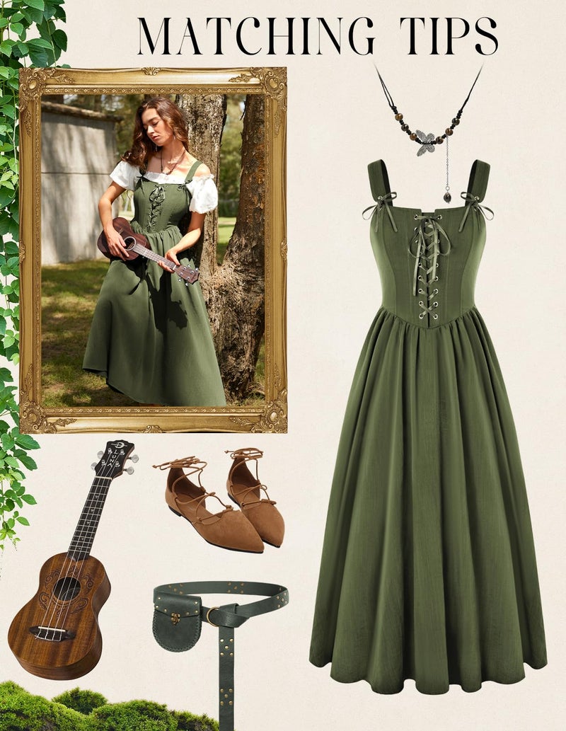 Scarlet Darkness Renaissance Dress Women Corset Fsihbone Medieval Costume Lace Up Cottagecore Dress Green XL - Image 3