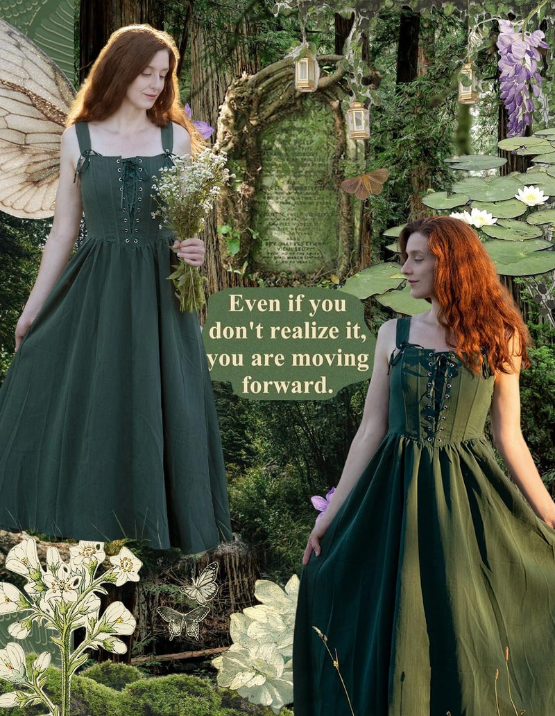 Scarlet Darkness Renaissance Dress Women Corset Fsihbone Medieval Costume Lace Up Cottagecore Dress Green XL - Image 5
