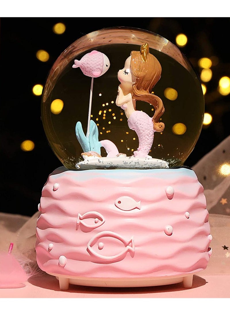 Snow Globes, Mermaid Snowglobes with Musical, LED Lights, Glitter Display Decoration, Home Decor for Kids Room Essentials, Birthday Gift, Precious Keepsake, Cute Novelty Gifts and Collectibles (Pink)