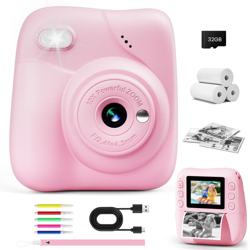 CAMCLID Kids Camera Instant Print 1080P HD Kids Instant Camera with 32G Card 3 Rolls Print Paper Portable Toddler Toy Christmas Birthday Gifts for Boys Girls Age 312 Pink - Image 2