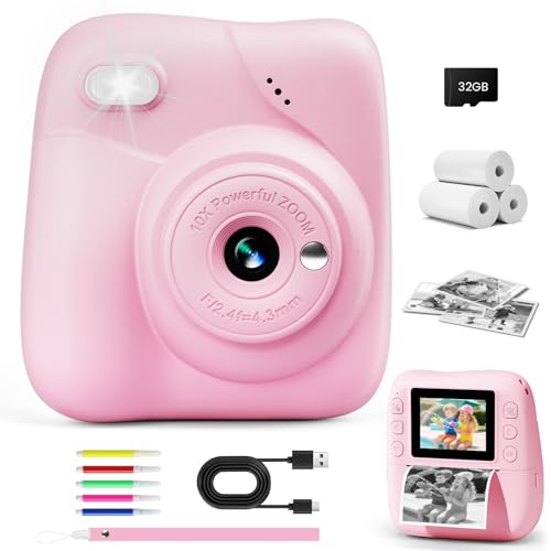 CAMCLID Kids Camera Instant Print 1080P HD Kids Instant Camera with 32G Card 3 Rolls Print Paper Portable Toddler Toy Christmas Birthday Gifts for Boys Girls Age 312 Pink - Image 1