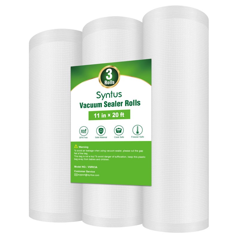 Syntus Vacuum Sealer Bags for Food 3 Rolls 11 x 20 Commercial Grade Bag Rolls BPA Free Food Vac Bags for Storage Meal Prep or Sous Vide