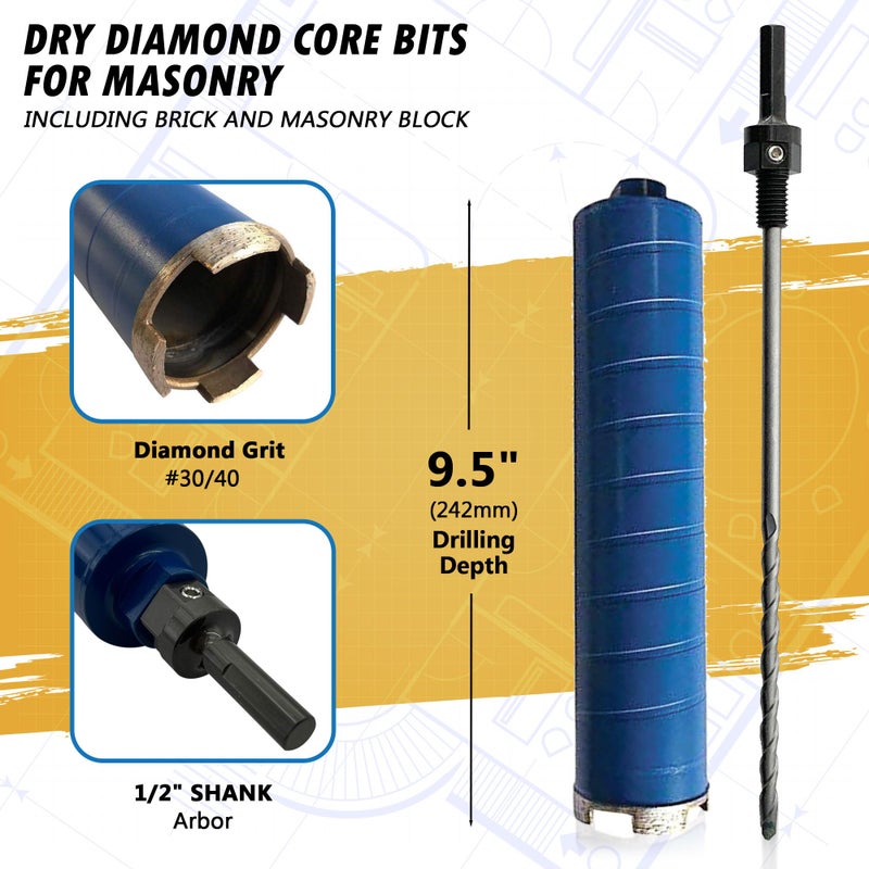 EDiamondTools 2 Dry Diamond Core Drill Bits for Brick and Block with 1/2 Shank Pilot Bit Adapter, 9.5 Drilling Depth, 5/8-11 Arbor - Image 2