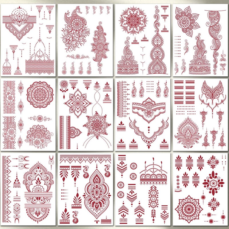 CHARLENT 12 Sheets Henna Tattoos for Women - Waterproof Brown Henna Tattoo Stickers for Women Wedding Party Peacock Lotus Stickers Body Art - Image 2