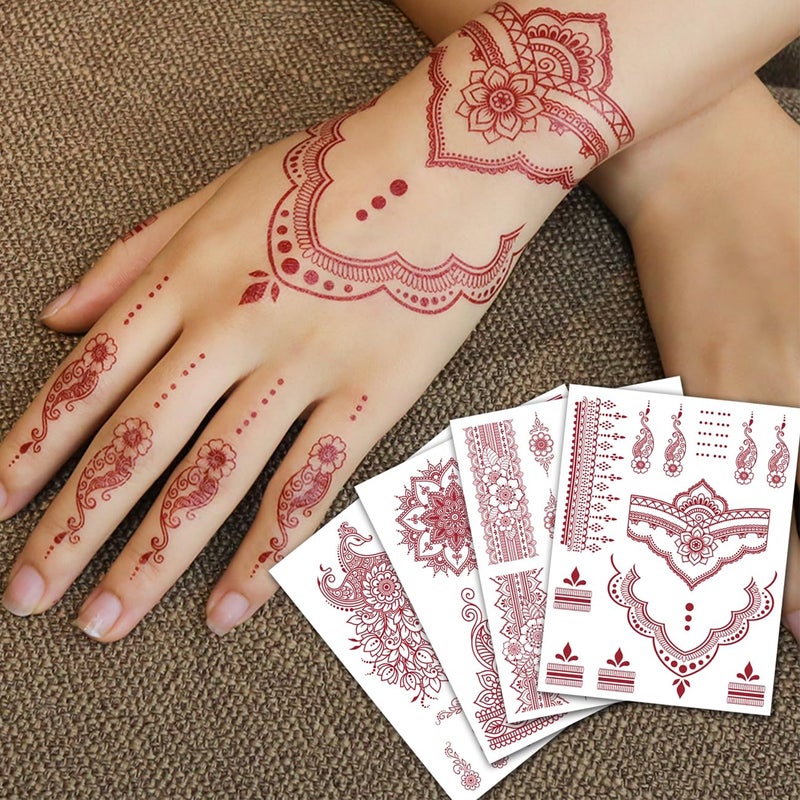 CHARLENT 12 Sheets Henna Tattoos for Women - Waterproof Brown Henna Tattoo Stickers for Women Wedding Party Peacock Lotus Stickers Body Art - Image 1