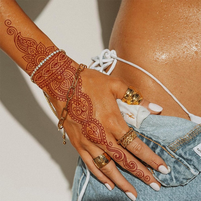 CHARLENT 12 Sheets Henna Tattoos for Women - Waterproof Brown Henna Tattoo Stickers for Women Wedding Party Peacock Lotus Stickers Body Art - Image 3
